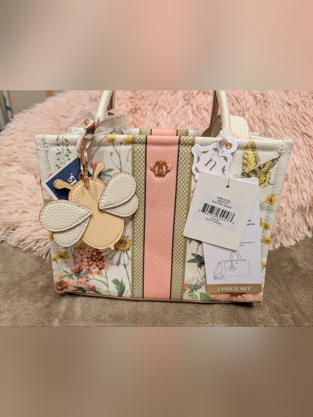 Floral Canvas Satchel with Pink Stripe and Charm And Florwr Wallet To Match